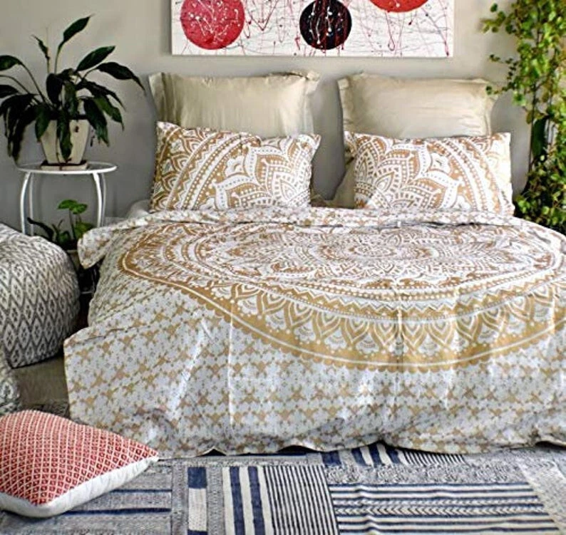 Gold Mandala Duvet Cover Queen Indian Quilt Cover Cotton Doona Blanket Cover Art - Image 2 of 4