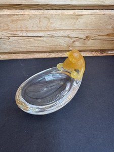 Daum France Signed Trinket Bowl With Yellow Cat & Ball