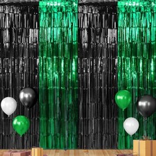 Graduation Foil Fringe Curtain Backdrop Green Black Tinsel 3.3x6.6 Ft 6 PCS