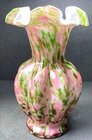 Fenton Vasa Murrhina Glass Rose Pink Adventurine Green, Ruffled Vase,  7.5" Tall
