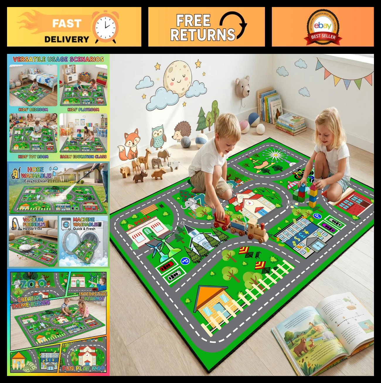 Kids Car Play Mat - Green Road Rug, Race Track Traffic Carpet 2.5x4 ft, Educatio