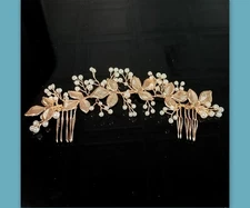 Bride Wedding Hair Comb Gold Leaf Hair Piece Pearl Headpiece Leaves Accessory