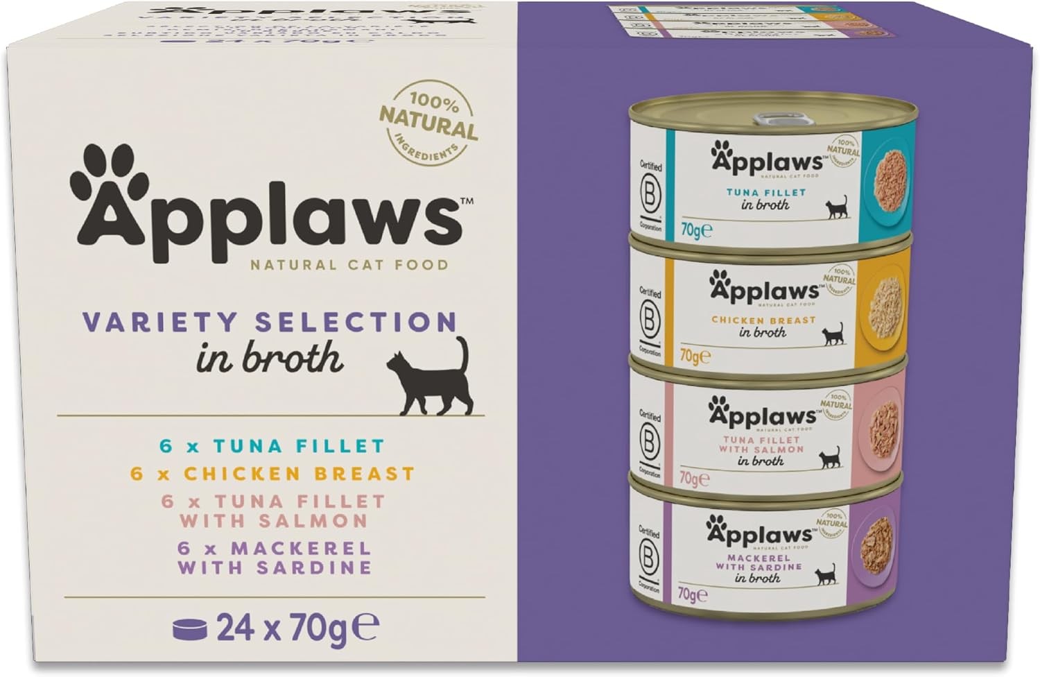 Applaws Natural Adult Wet Cat Food Cans, Variety Selection in Broth, 24 x 70g