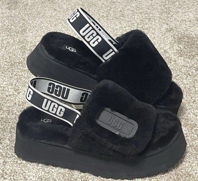 UGG Fluff Yeah Disco Slide Slipper Sheepskin Sandals Womens Size 7 Elastic Strap