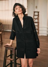 Sézane Ashley Silk Black Eyelet Long Sleeve Dress 42
