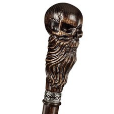 Bearded Skull Head - Handmade Wooden Carved Walking Cane for Men and Women - ...