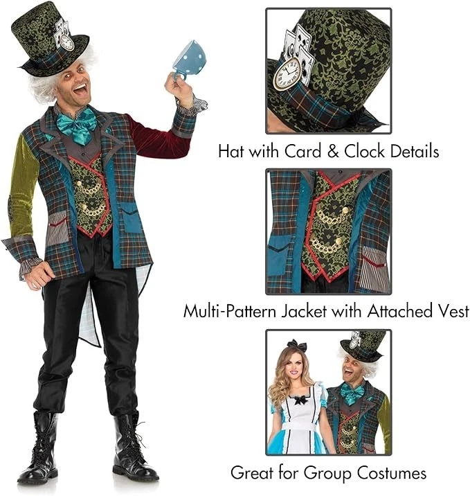 Leg Avenue Men's 3 Pc Deluxe Mad Hatter Costume Men L Jacket Hat Neckpiece - Image 4 of 4