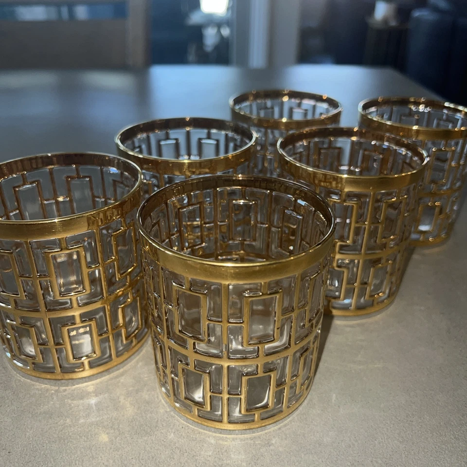 De colección Imperial SHOJI Enrejado 6 Vasos Oro 22K Antiguo Cóctel MCM Foto 2 de 4