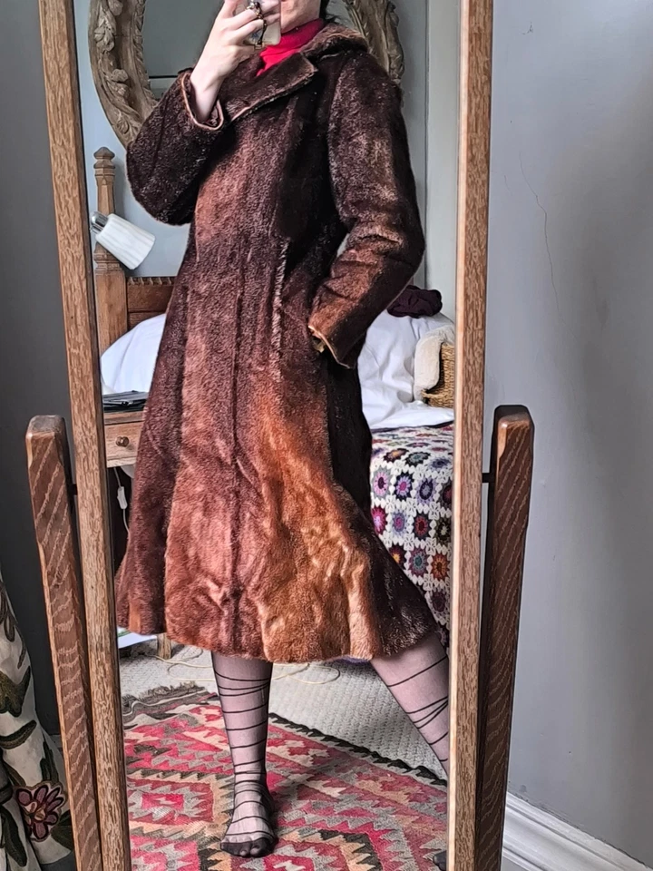 Unique True Vintage Real Pony Fur Hair on Hide Coat Midi Long Brown Gold 12 - Image 2 of 4