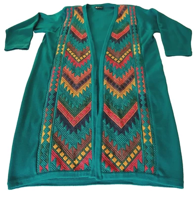 Boho Southwestern Aztec Long Open Front Knit Cardigan Duster Women L/XL Green - Image 1 of 4