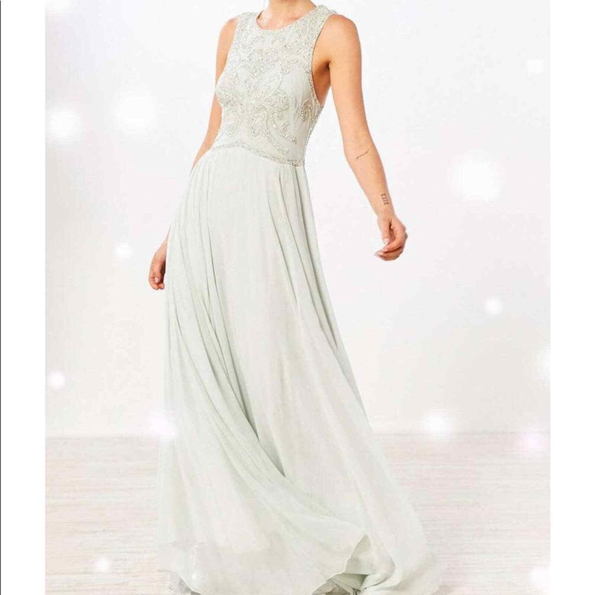 kimchi blue beaded dress Kimchi Blue Light Greyish Seafoam Green Crimped Gown with Beaded Bodice and  Sheer Back (6)