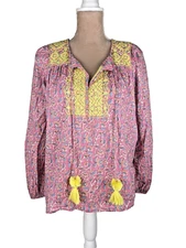 J Crew Starina Pink Floral Print Yellow CrossStitch Embroidered Top Blouse Small