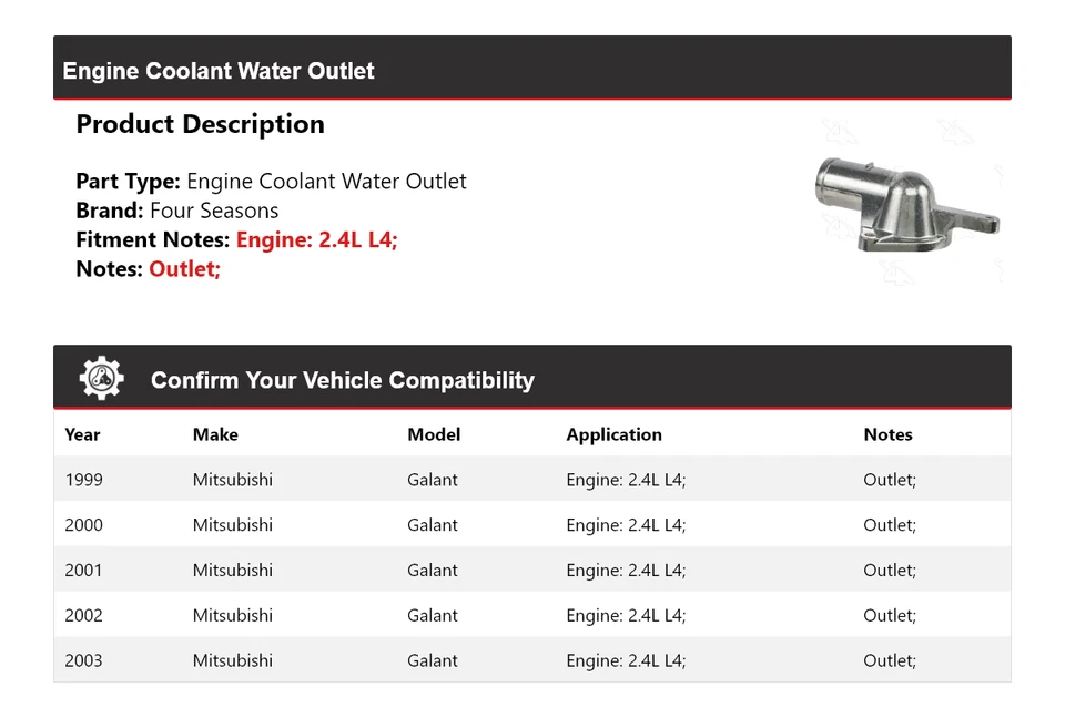 Выпуск охлаждающей жидкости для двигателя Mitsubishi Galant 2,4 л L4 1999-2003 годов выпуска 4 сезона - Изображение 2 из 4