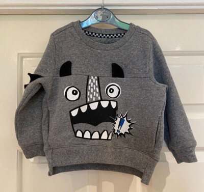 Muskat Baby Junge grau Monster Pullover Pulli mit Taschen - Größe 1,5-2 Jahre