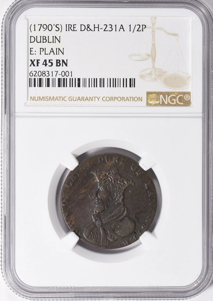 1790s Dublin Ireland Copper 1/2 Half Penny NGC XF45 Duke of Lancaster Camac Kyan - Image 2 of 4