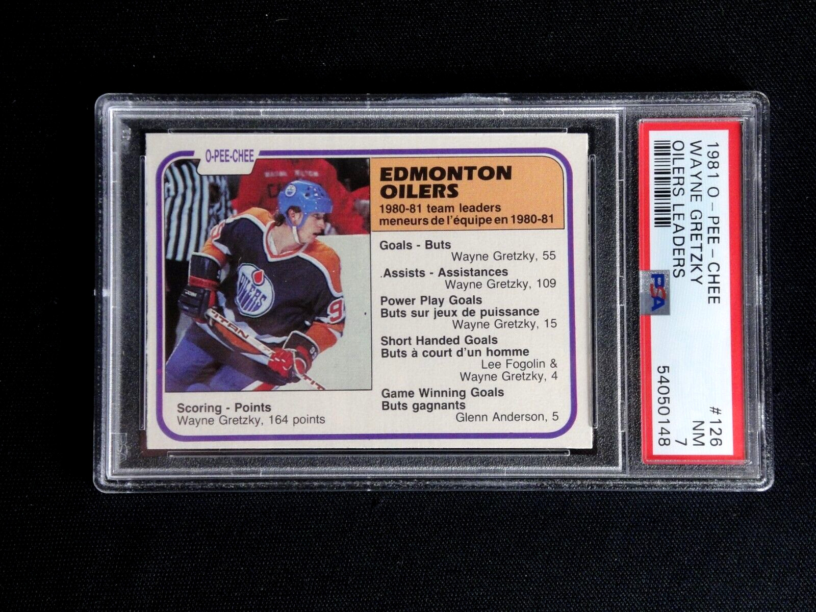 WAYNE GRETZKY 1981 O-PEE-CHEE HOCKEY CARD #126 PSA 7 NEAR MINT OILERS LEADERS