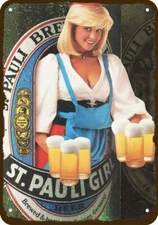 1985 ST. PAULI GIRL Beer Sexy Busty Blonde VntLook DECORATIVE REPLICA METAL SIGN