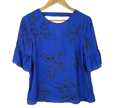 Tokito Top Blouse Womens 10 S New Blue Black Floral Flowers Spring Blooms NWT