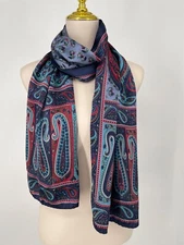 Large womens Scarf 100% Pure Silk 68x19" shawl pashmina paisley Navy teal wrap