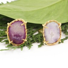 Beautiful Geode Druzy Yellow Gold Plated Prong Set For Girl Wear Adjustable Ring