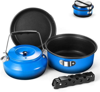 5Pcs Camping Cookware Non-Stick Camping Pot and Pan Set with Kettle and Removabl