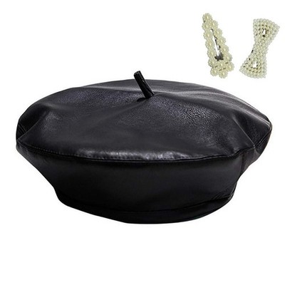 8376 Women Pu Leather French Black Beret Hat Causal Beanie MINGSEECESS Women main image 2