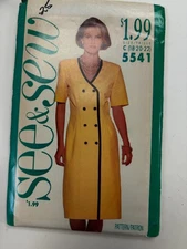 See & Sew 5541 Pattern, Easy Front-Buttoned dress, Misses 18-22 UNCUT