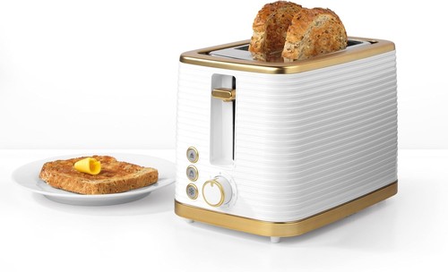 STYLISH White & Gold Microwave 3KW Kettle 2 Slot Toaster & Kitchen Canister Set