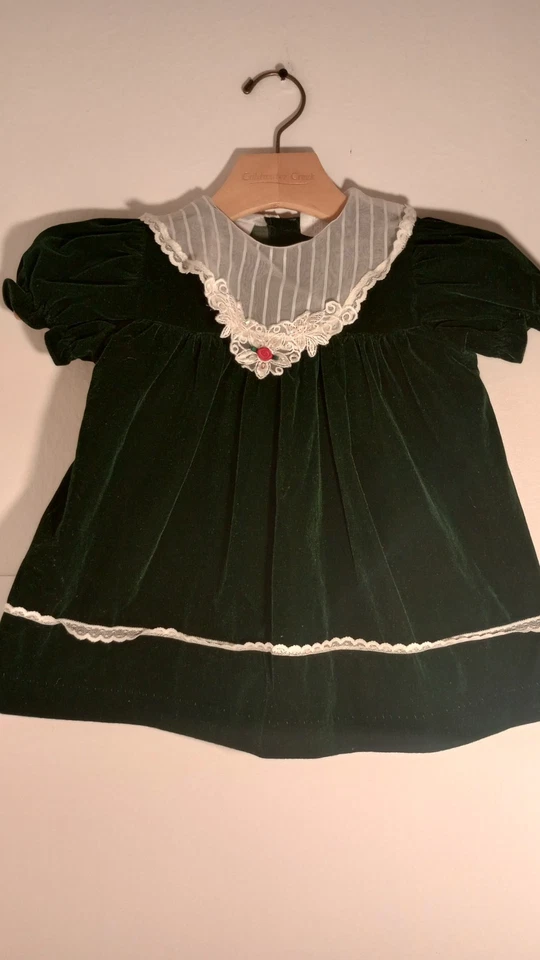 VTG Dark Green Velvet Toddler Christmas Dress 18 Months Hearts Expressions  - Image 2 of 4