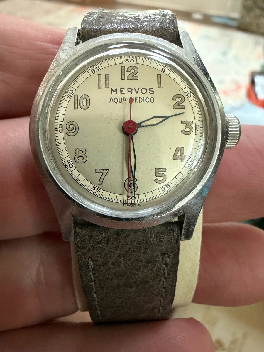 Vintage Mervos Aqua-Medico Manual Wind Swiss Doctor's Watch Red Seconds Hand