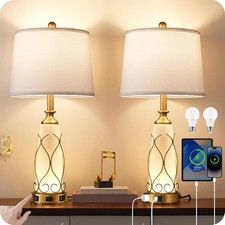 25.6" Glass Gold Table Lamps Set of 2, Tall Bedside Lamps with Nightlight, Moder