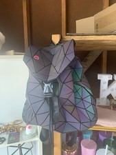Geometric Backpack Synthetic Black Purple Green Buckle Closure
