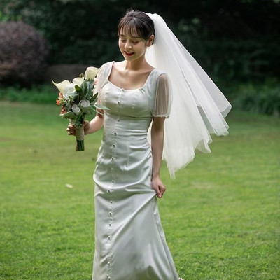 Korean Style Two Layer Wedding Headpiece with Metal Hair Comb for Bridal Look