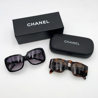 Auth Chanel Coco Ribbon Black/Coco Matelassé Sunglasses Brown 2PCS W/B BA060305