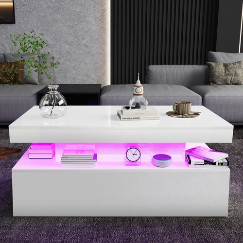 High Gloss LED Coffee Table With Storage 2 Drawers Modern Living Room Furniture - Picture 10 of 17