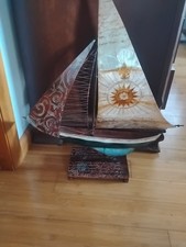Art Metal Sailboat on Wooden Stand   26 Inches Tall Handcrafted Beautiful Colors