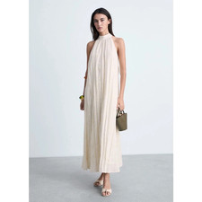 MANGO MNG Womens TRISH-A Pleated Halter Neck Tie Maxi Dress in Ivory size M/US 6