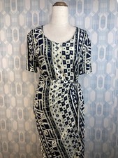 Suzanne Grae 90s Vintage Wrap Dress Navy Blue Tribal Rayon