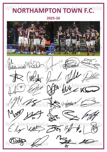 12253. 2025-26 Northampton Town Signed Team Photo Sheet (PRINTED AUTOGRAPH - A4)