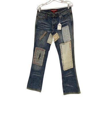 Guess Jeans Mens 28 Blue Patchwork Distressed Denim Faded Flared Leg Frayed NWT