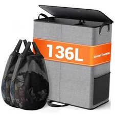 SmartTrends Large Double Laundry Hamper with Lid, Removable Bags 136L Gray