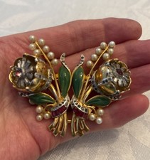 Vintage Sign Coro Duette Gold Tone Floral Trambler Brooch/ Dress Clip As Is