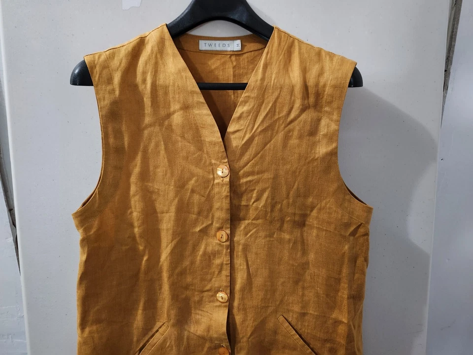 Vestido Top Tweeds Para Mujer M Dorado Sin Mangas Abotonado 100% Lino Cuello en V De Colección EE. UU. Pkt Foto 3 de 4