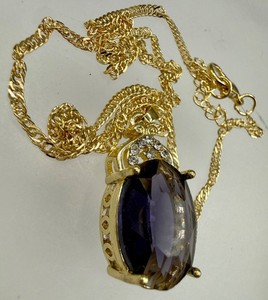 Authentic ESTATE GOLD PLATED TWISTED ROPE CHAN PASTE AMETHYST CRYSTAL PENDANT NECKLACE 18"