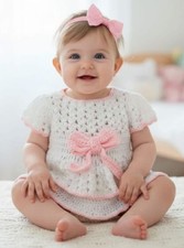 Crochet Baby Girl Outfit/Romper Dress Ruffled Skirt With Headband Shower Gift