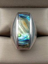 Bold Colored Modernist Design Sterling Silver Abalone Shell Ring: Size 7.25
