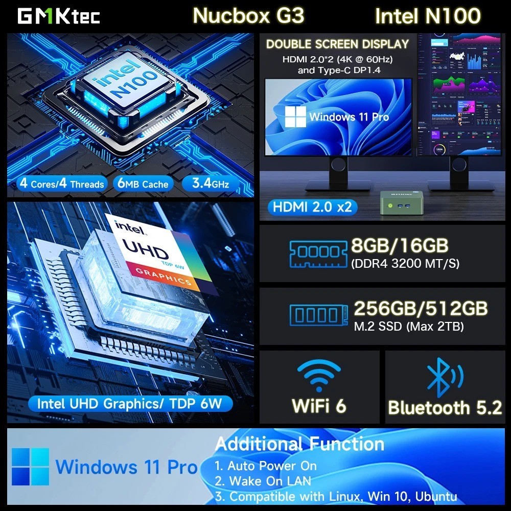 GMKtec G3 Mini PC Intel N100 16GB RAM 512GB SSD Windows 11 Pro