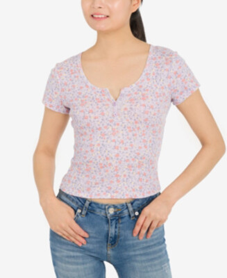 JR232 Hippie Rose Lilac Ditsy Juniors' Floral Henley T-Shirt Size L