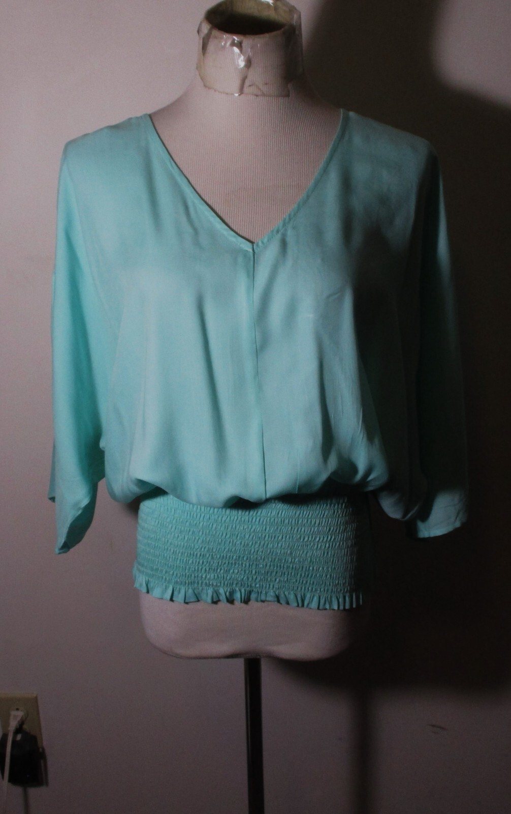 STACCATO Aqua Green 3/4 Sleeve V-Neck Stretch Waist Top Size M NWOT