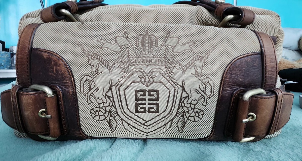 Authentic GIVENCHY Brown Canvas & Leather Boston Bag Chestnut